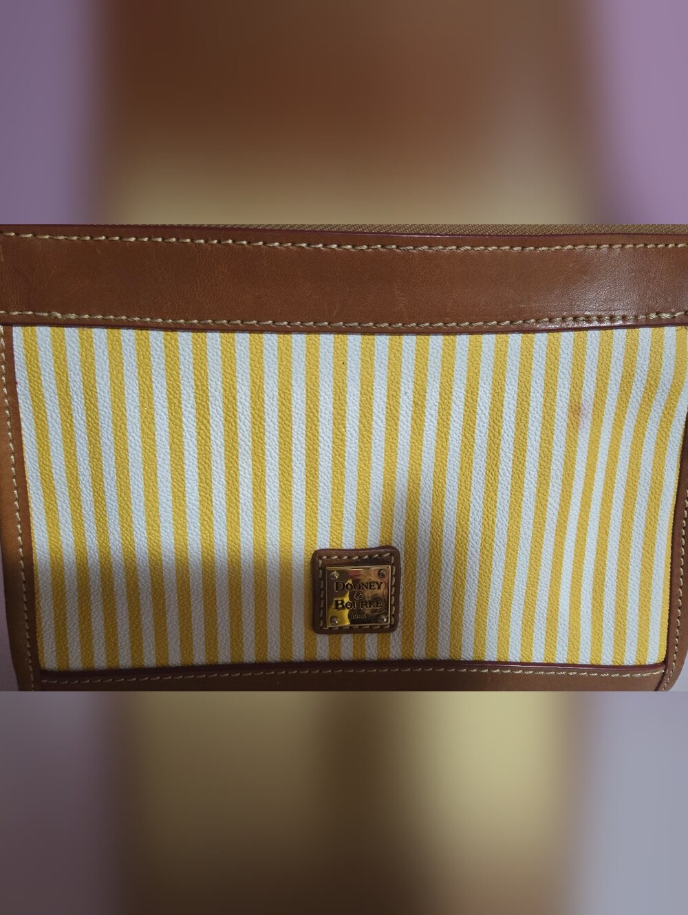 Dooney & Bourke Yellow and White Stripe Tote with Brown Leather Trim